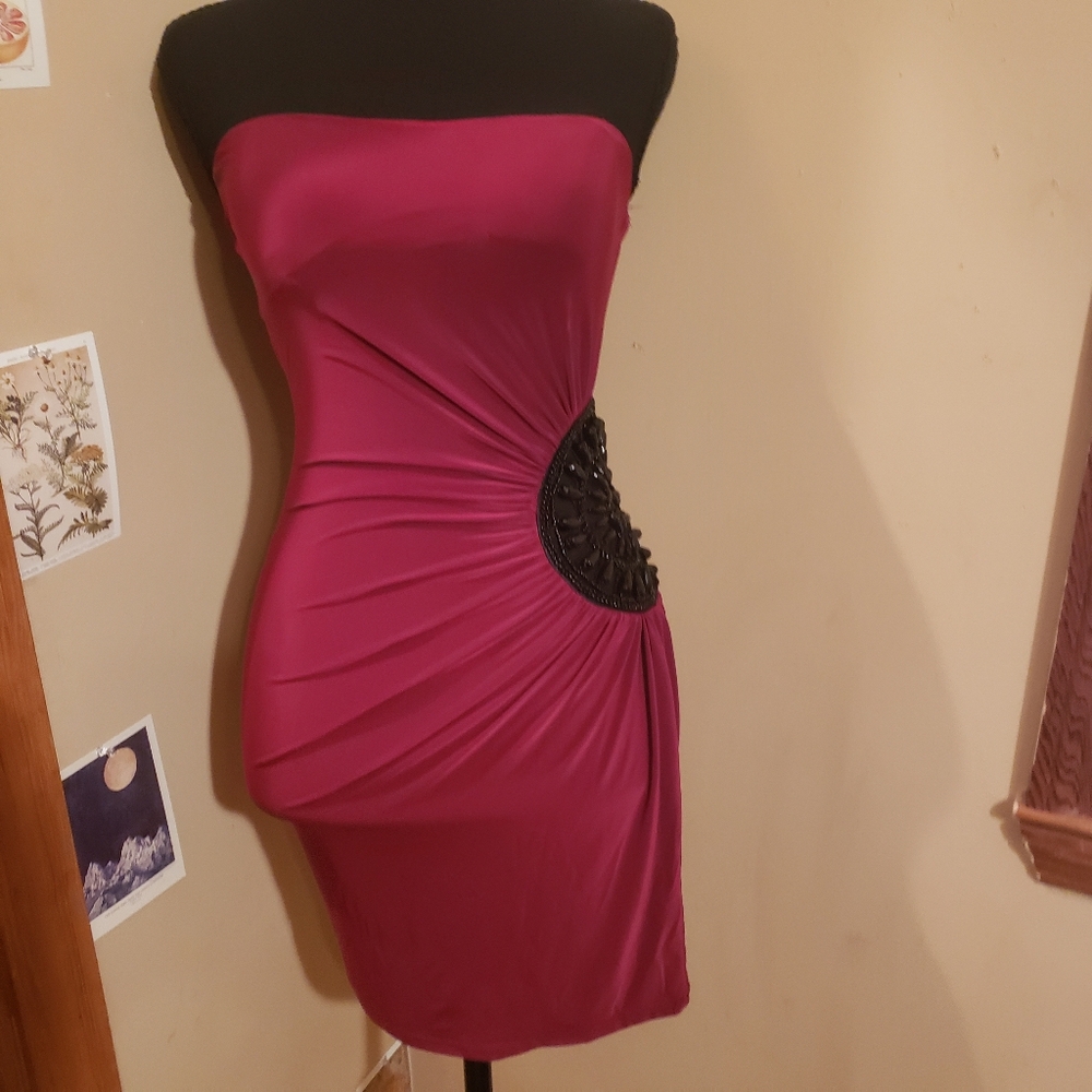 Y2K Dress By Trac Tight Fitted With Beads Strapless With Cups 2000s Style